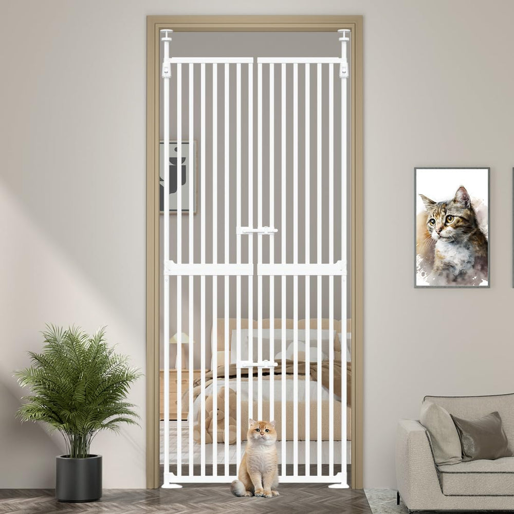 THEYFIRST 71-inch cat gate extended view demonstrates tall barrier for kitten-proofing doorways.