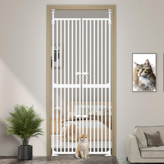 THEYFIRST 71-inch cat gate extended view demonstrates tall barrier for kitten-proofing doorways.