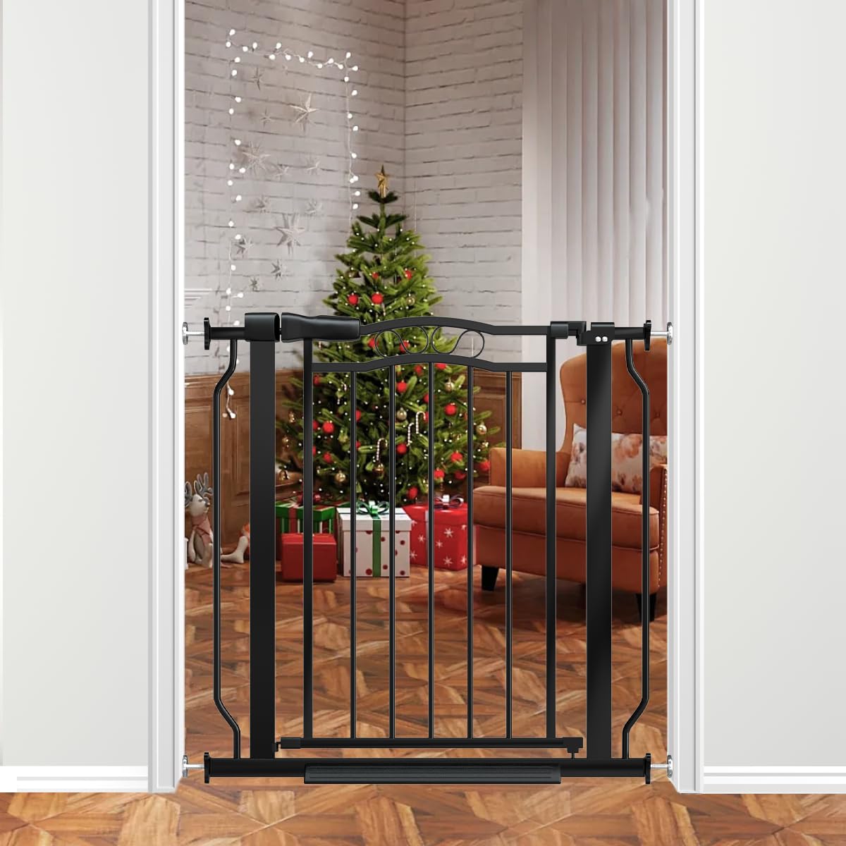 THEYFIRST 30-inch tall doorway gate securely closes to keep kids and pets safe.