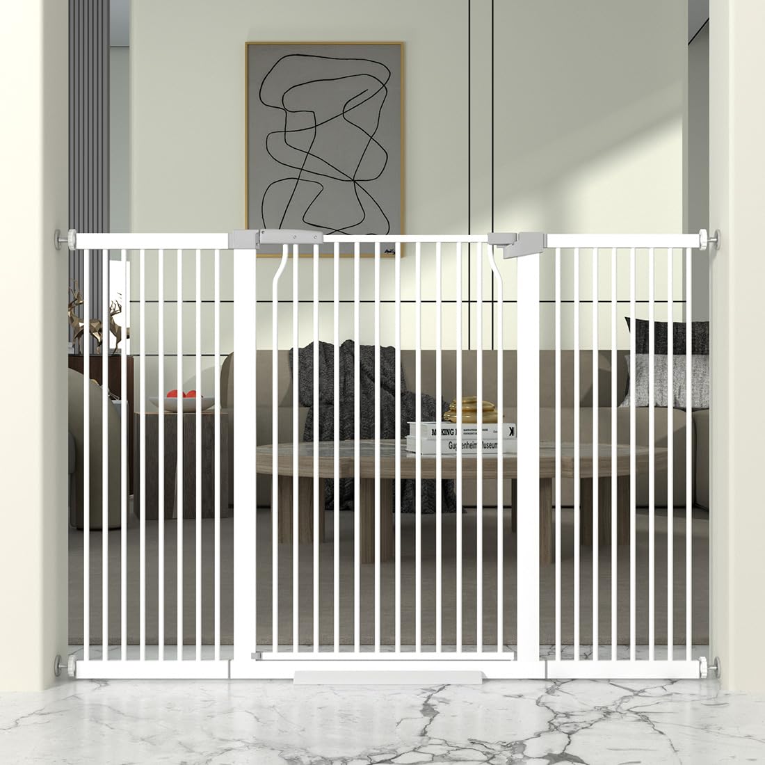 THEYFIRST cat gate 41in height in doorway for safer indoor pet boundaries.