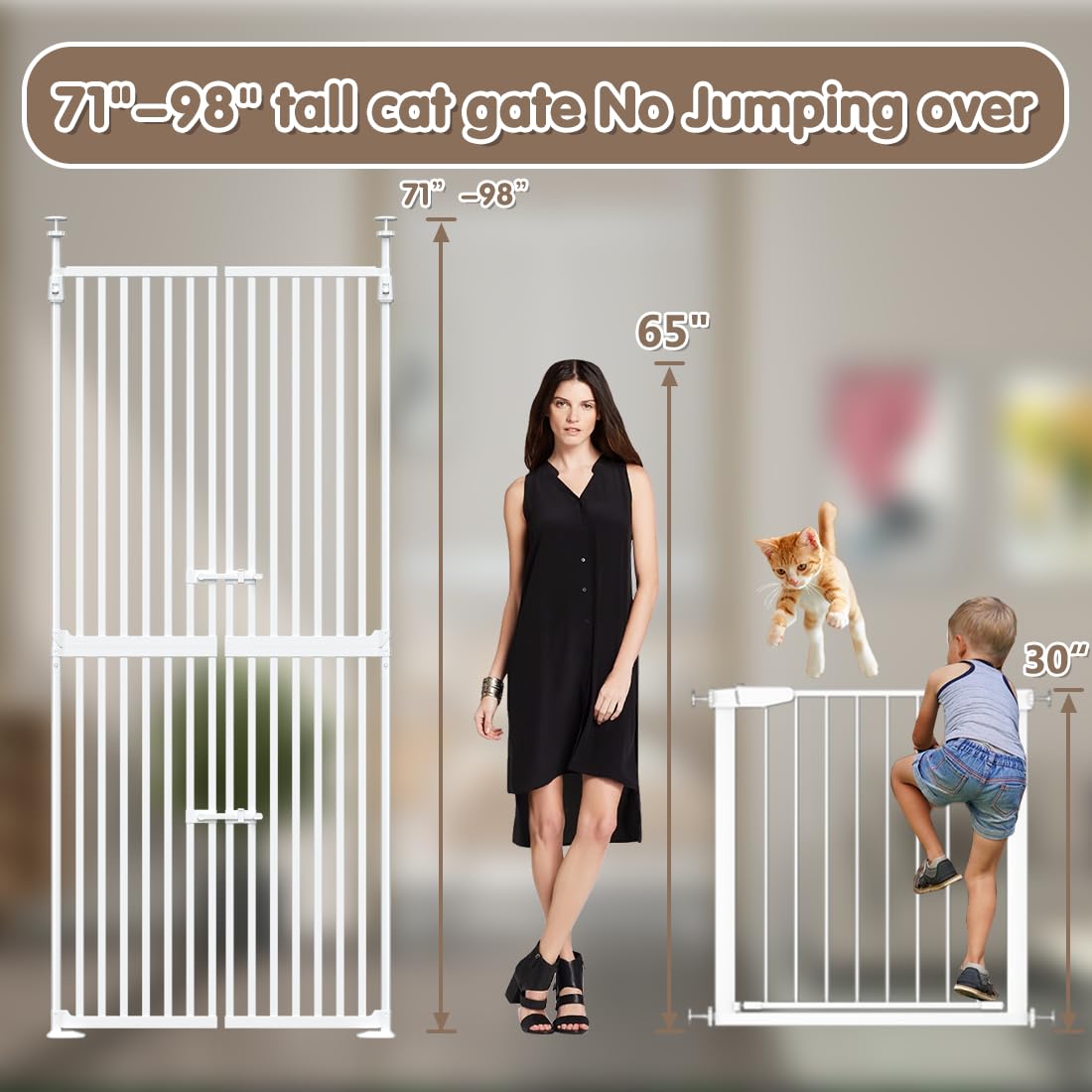 THEYFIRST cat gate retractable rods illustrate tool-free height adjustments for doorframes.