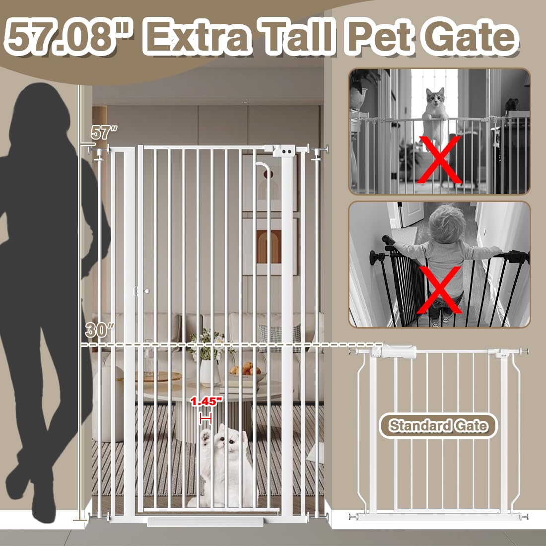 THEYFIRST CAT GATE width adjusts from 43.3 to 48 inches for doorways.