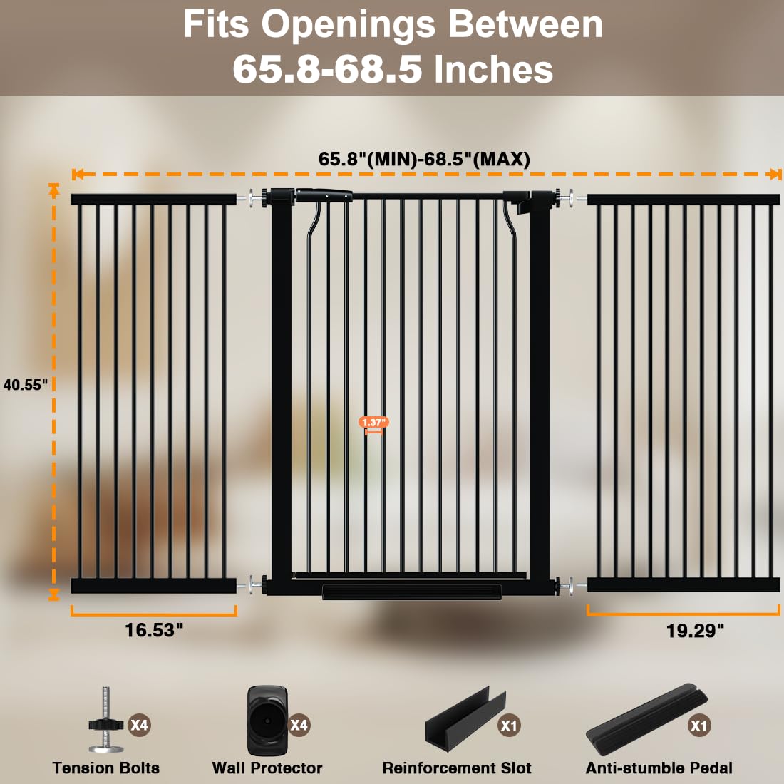 THEYFIRST black-finish gate frame conveys sleek, durable home integration.