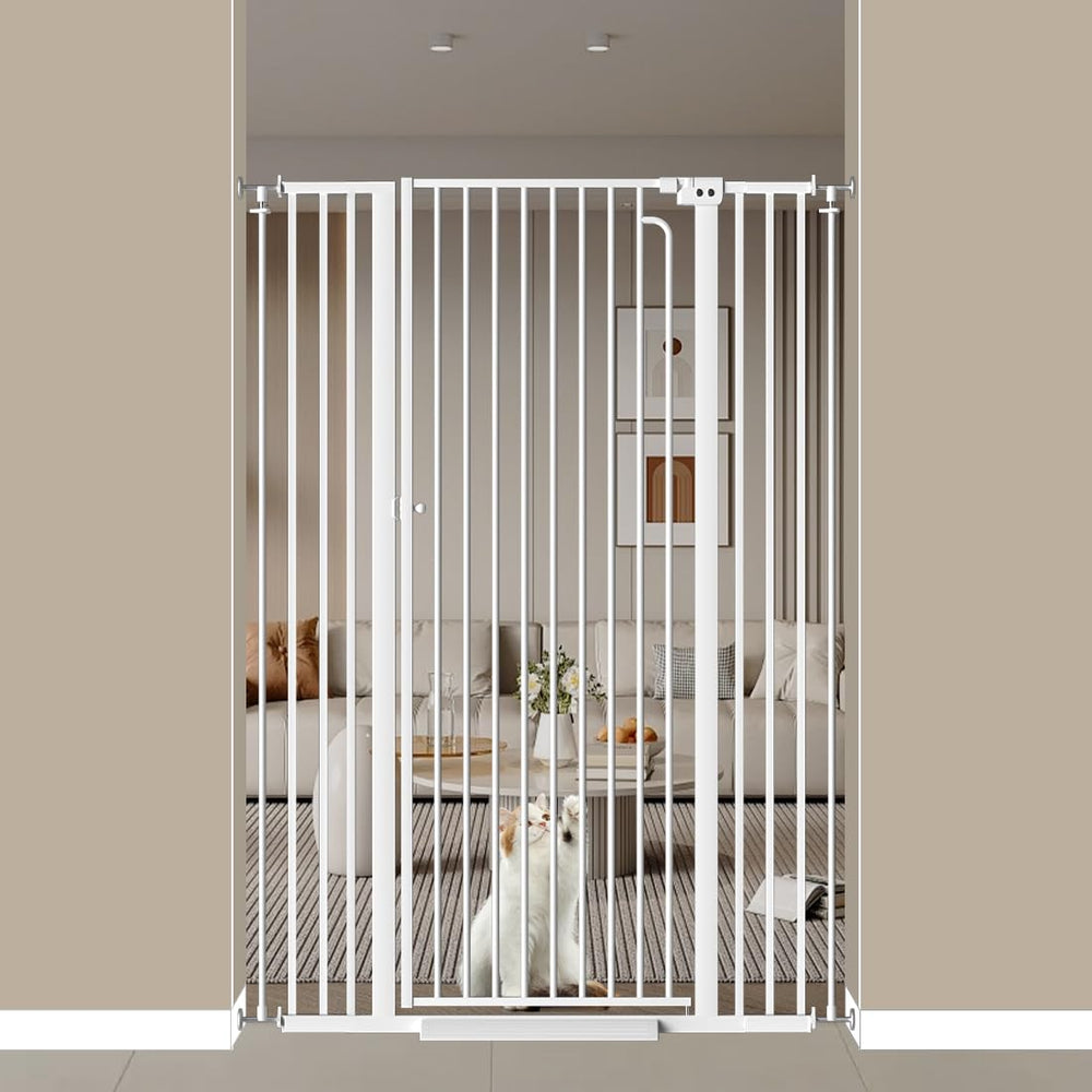 THEYFIRST extra tall cat gate in doorway demonstrates safe doorway barrier for kids and pets.