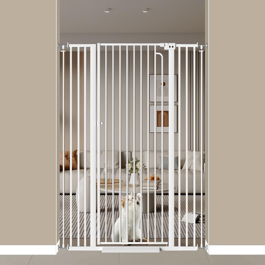 THEYFIRST extra tall cat gate in doorway demonstrates safe doorway barrier for kids and pets.