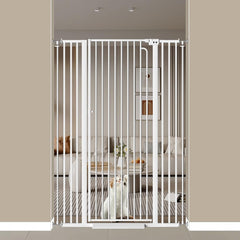 THEYFIRST extra tall cat gate in doorway demonstrates safe doorway barrier for kids and pets.