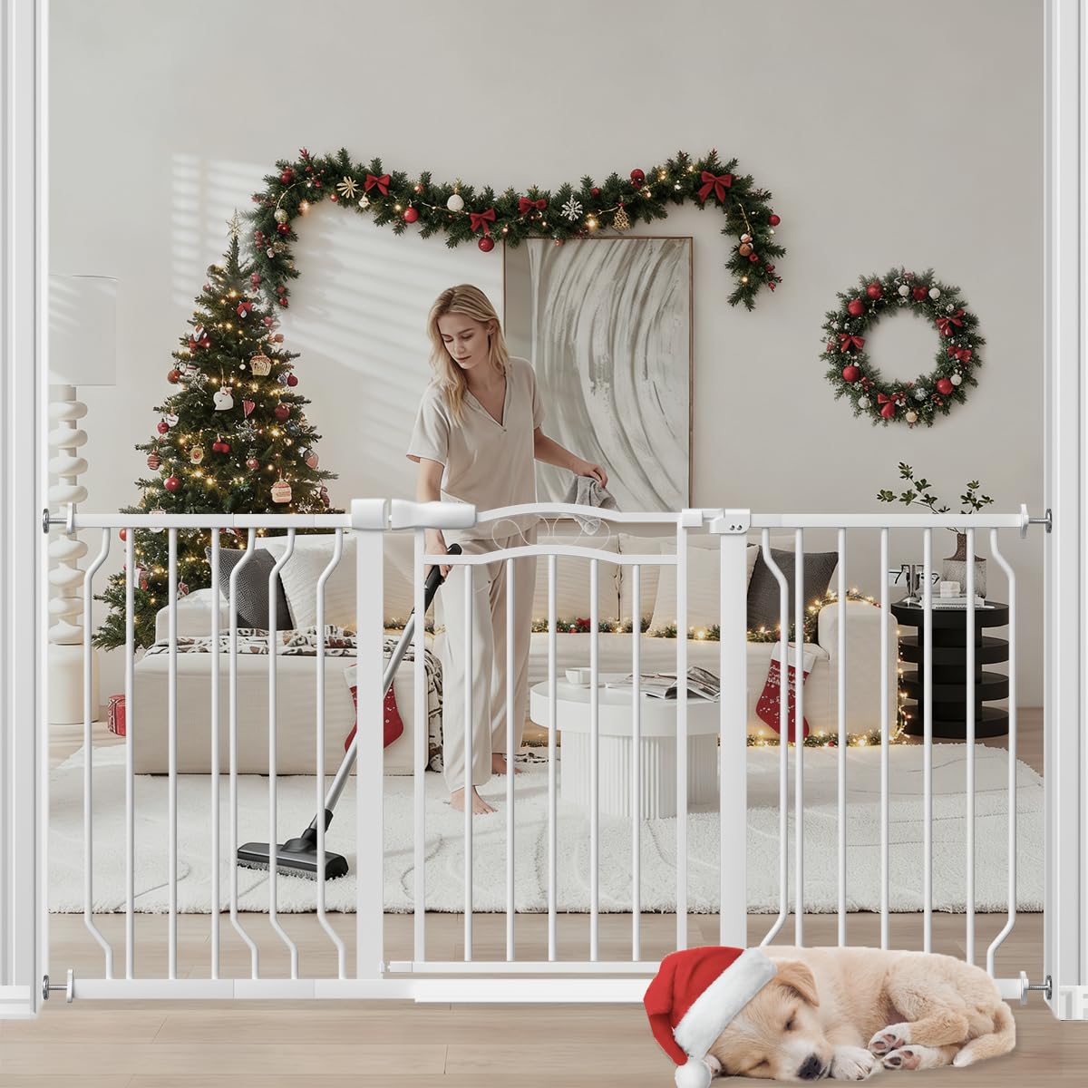 THEYFIRST extra-wide baby gate assembled in doorway, ideal for wide openings and safe passage