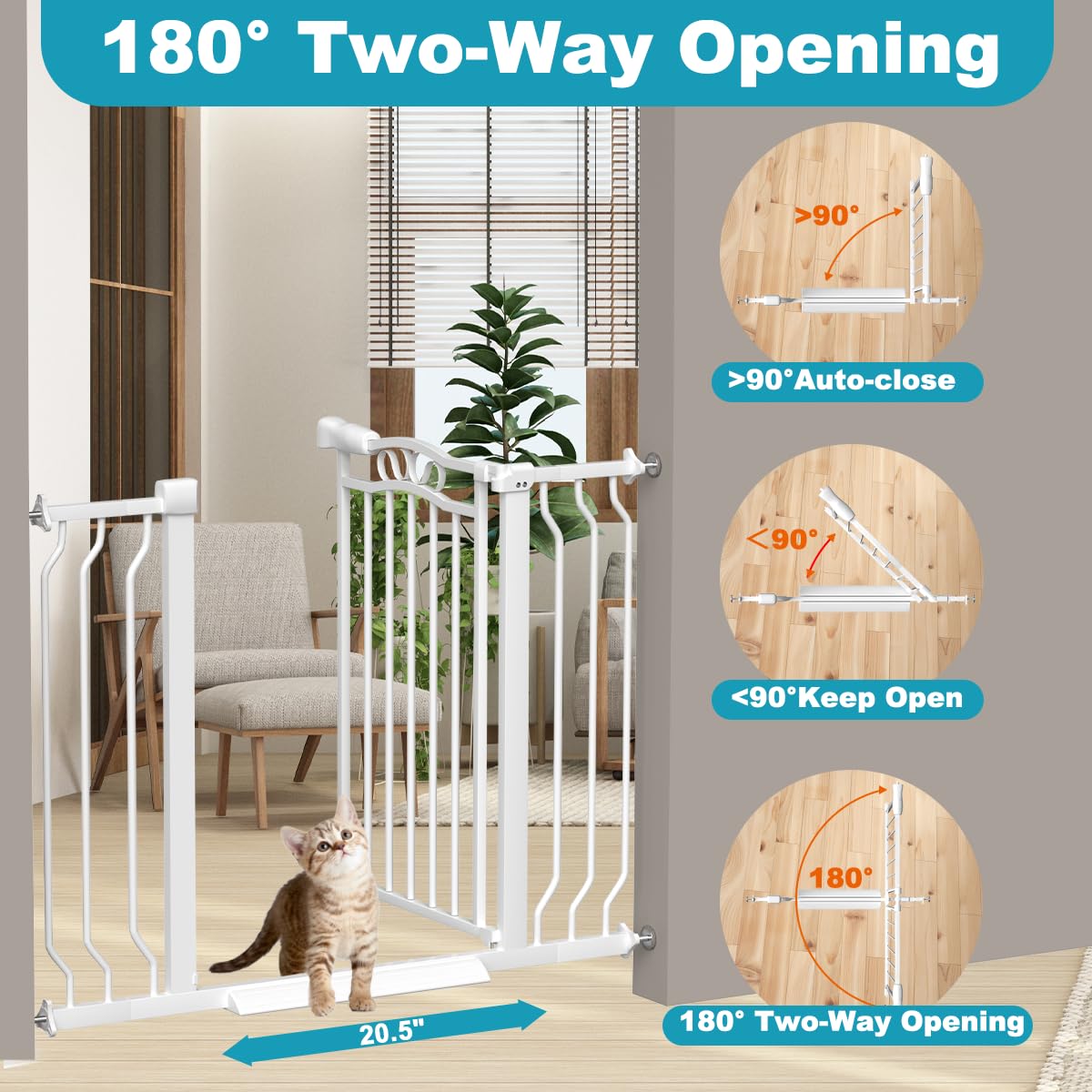 THEYFIRST extra wide gate dual-lock highlights childproof protection with one-handed operation.