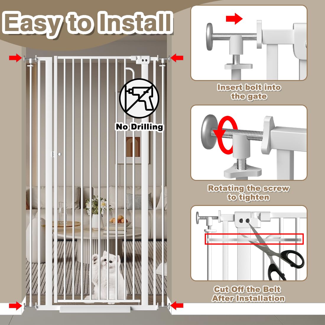 THEYFIRST pressure-mounted cat gate installation shows easy non-permanent setup.