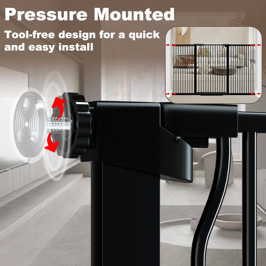 THEYFIRST pressure-mounted installation enables tool-free setup on wide openings.