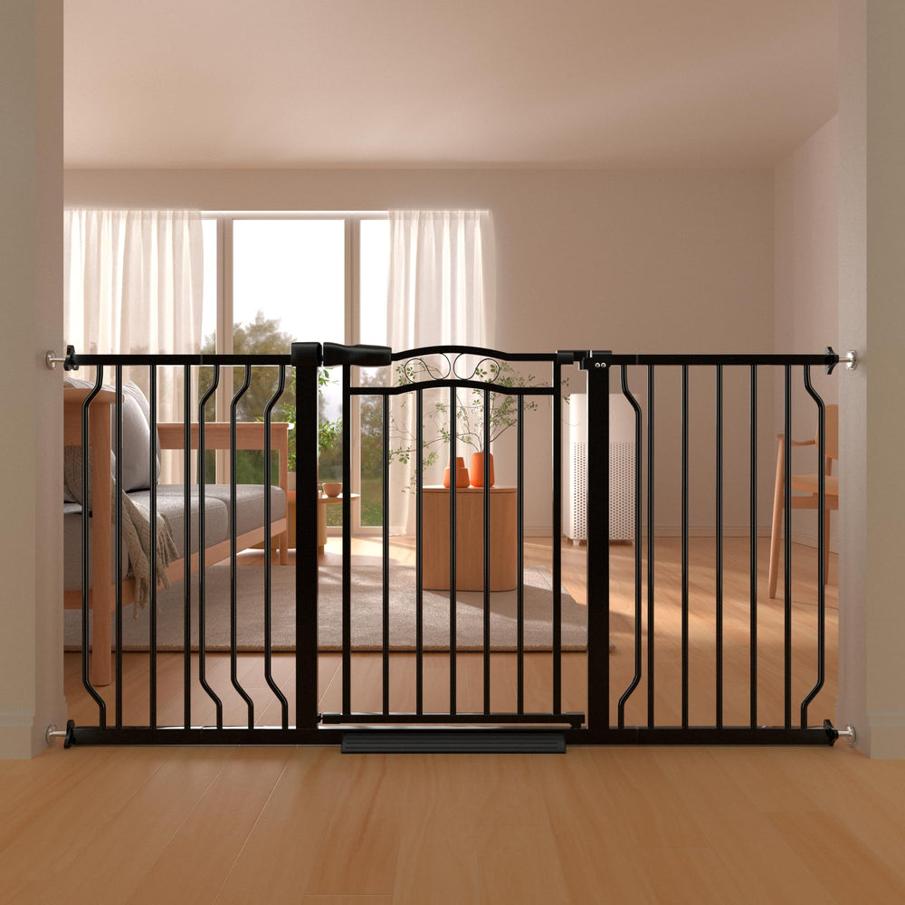 THEYFIRST wide baby gate on stairs demonstrates no-drill safety for busy stairways.