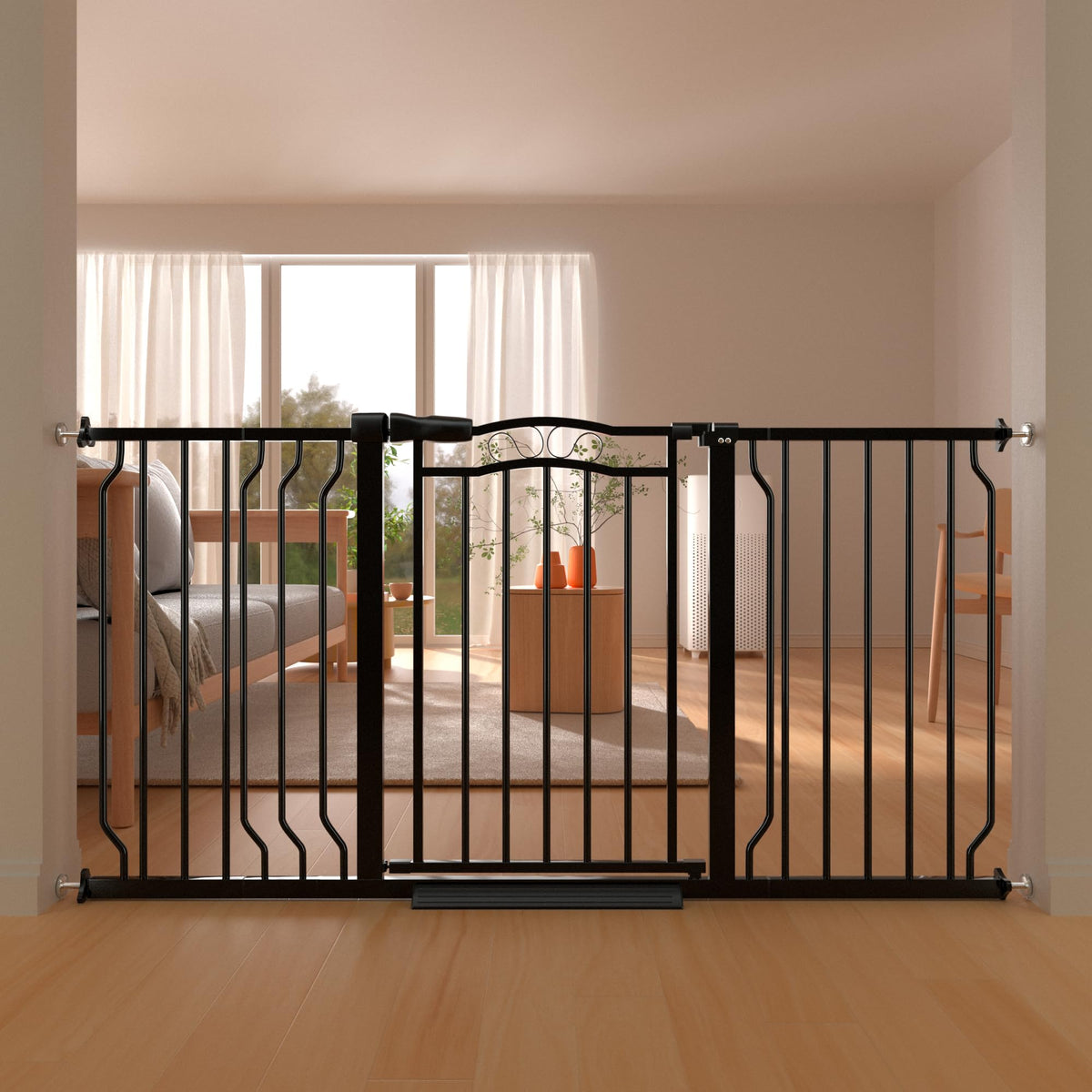 THEYFIRST wide baby gate on stairs demonstrates no-drill safety for busy stairways.