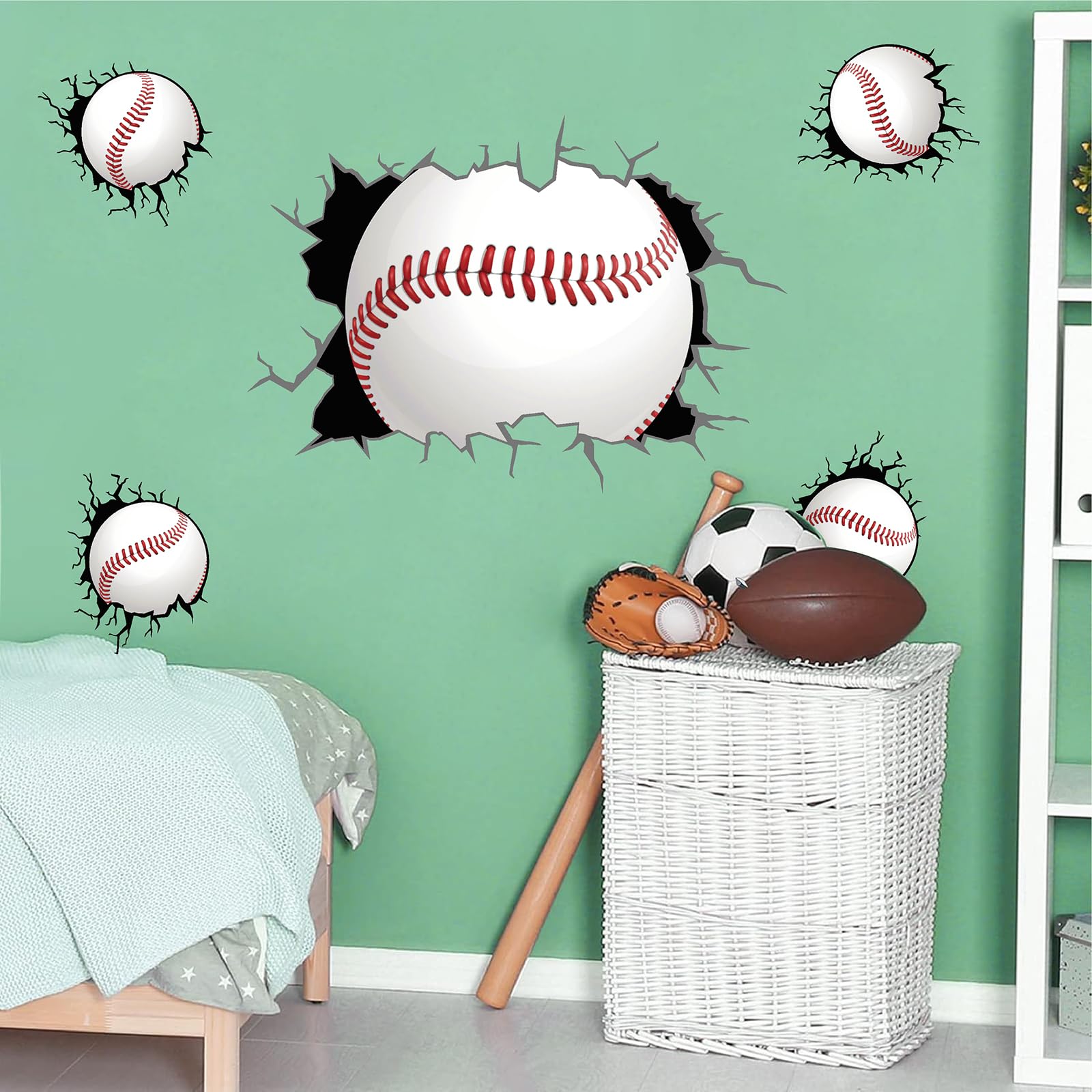 THEYGE large baseball wall sticker with 3D texture adds a bold focal point in bedrooms.