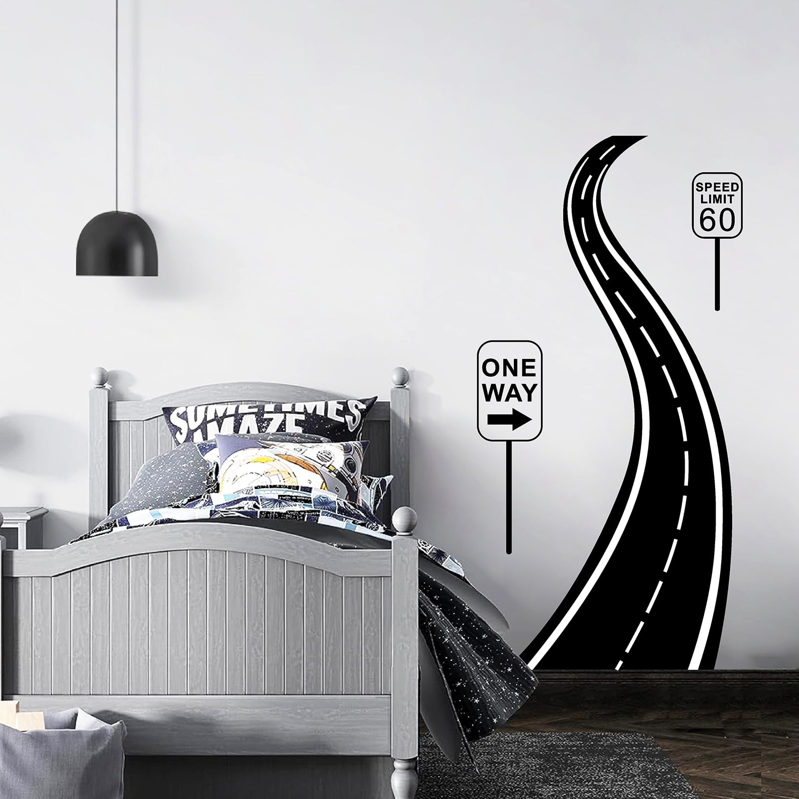 THEYGE road-sign-wall-decals race-track-theme demonstrates a race-inspired backdrop that's versatile for playrooms.