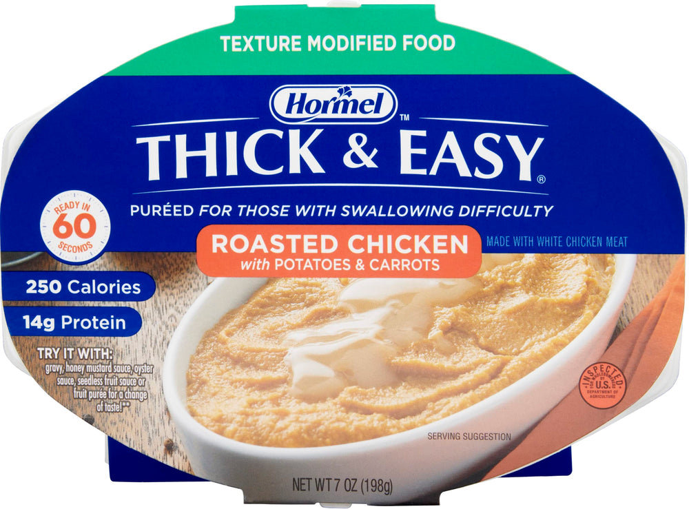 Thick & Easy Purees roasted chicken with potatoes and carrots tray highlights swallow-friendly texture