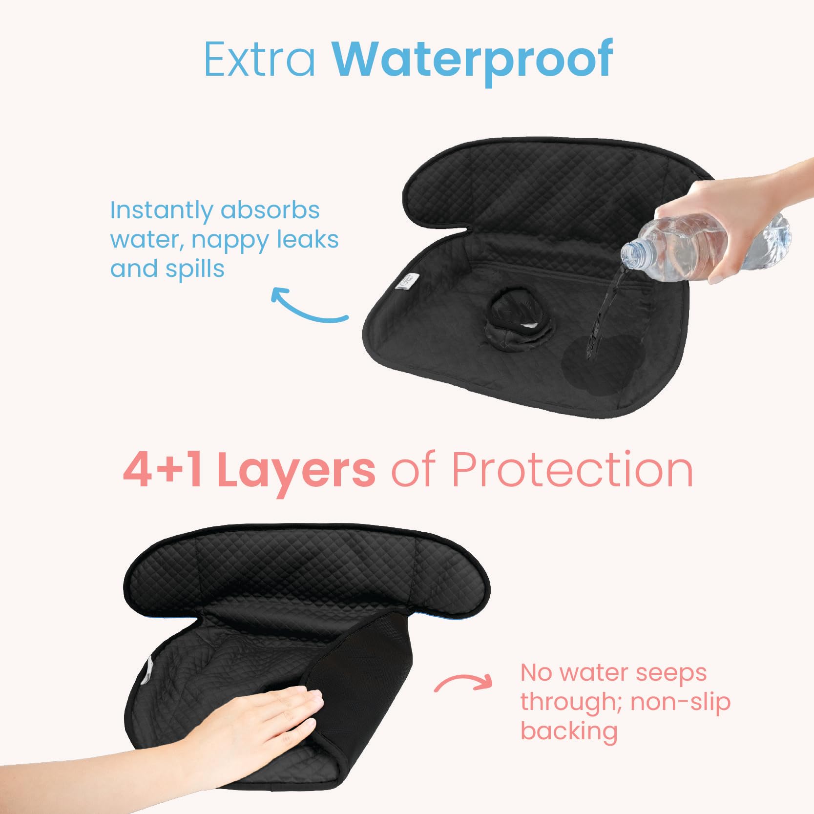 THINK GOOD TOTS Black Piddle Pad anti-slip back keeps it secure on strollers and seats.