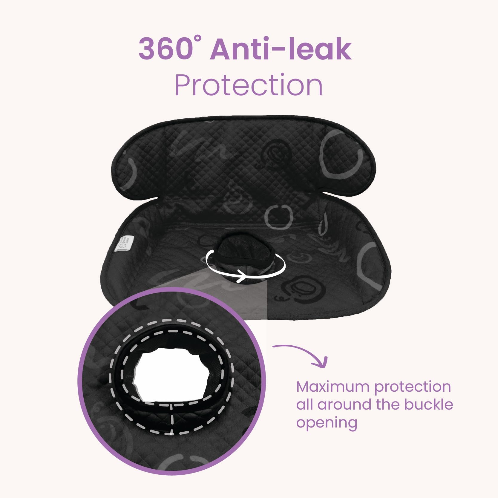 THINK GOOD TOTS Black Piddle Pad in car seat offers universal fit for travel protection.