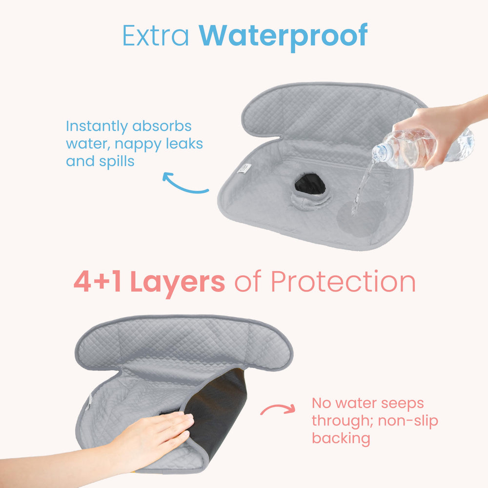 Think Good Tots Grey Piddle Pad 2-Pack stroller-use shows universal fit and spill protection.