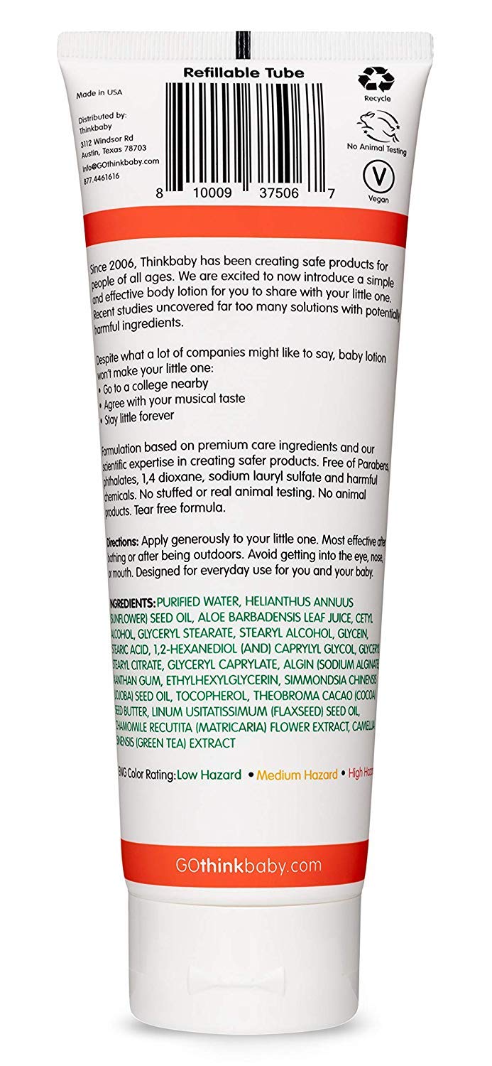 Thinkbaby cruelty-free label on lotion bottle signaling safe, gentle care for babies.