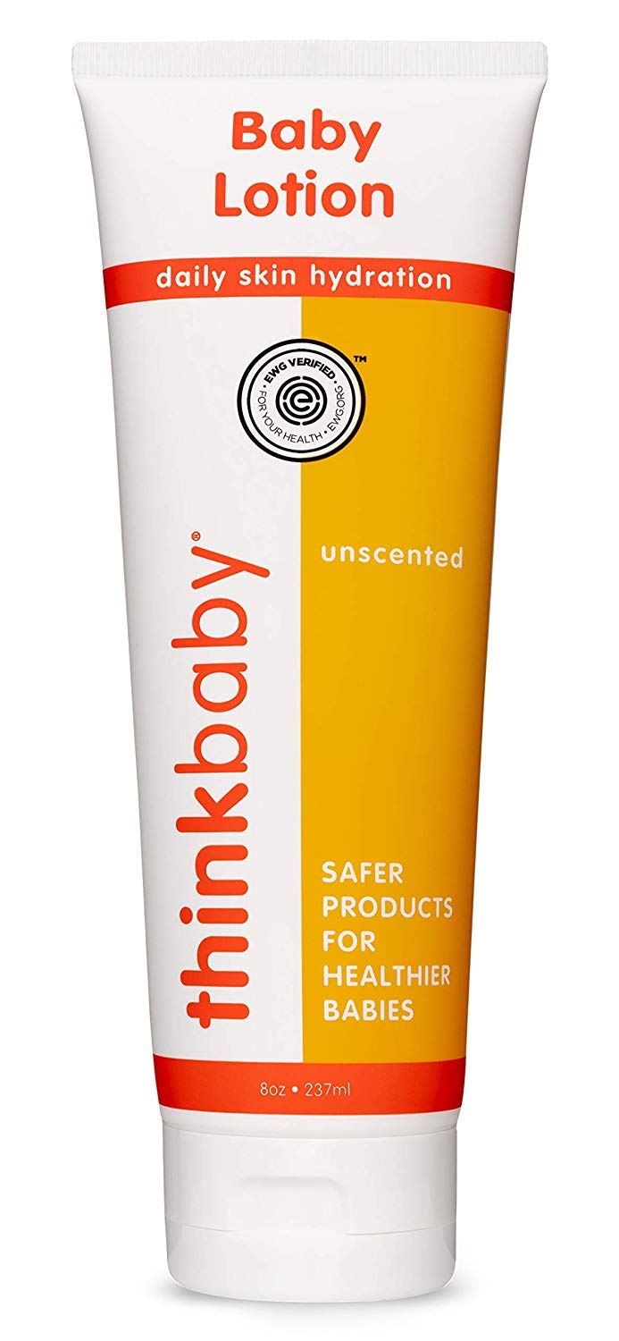 Thinkbaby baby lotion fragrance-free 8oz bottle for sensitive skin hydration.