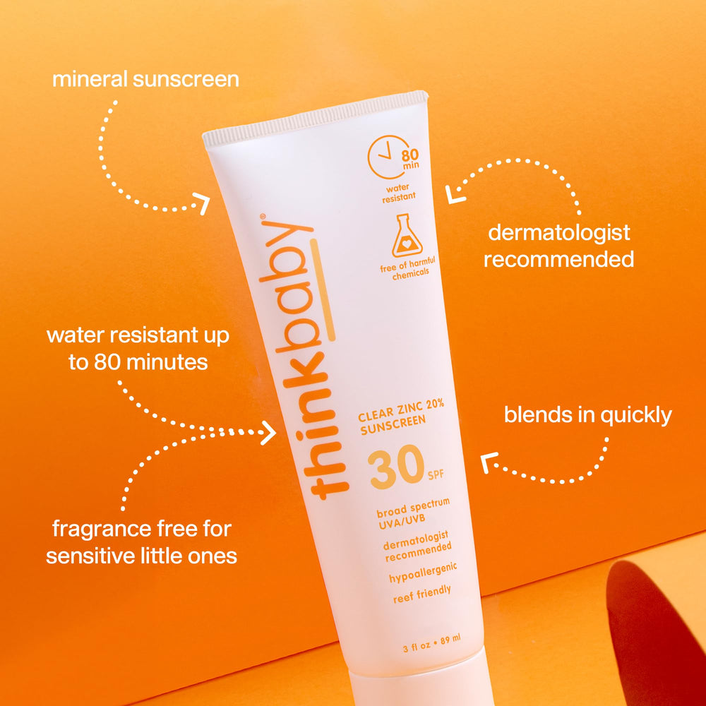 Thinkbaby sunscreen cream texture shown with fast-absorbing non-greasy protection