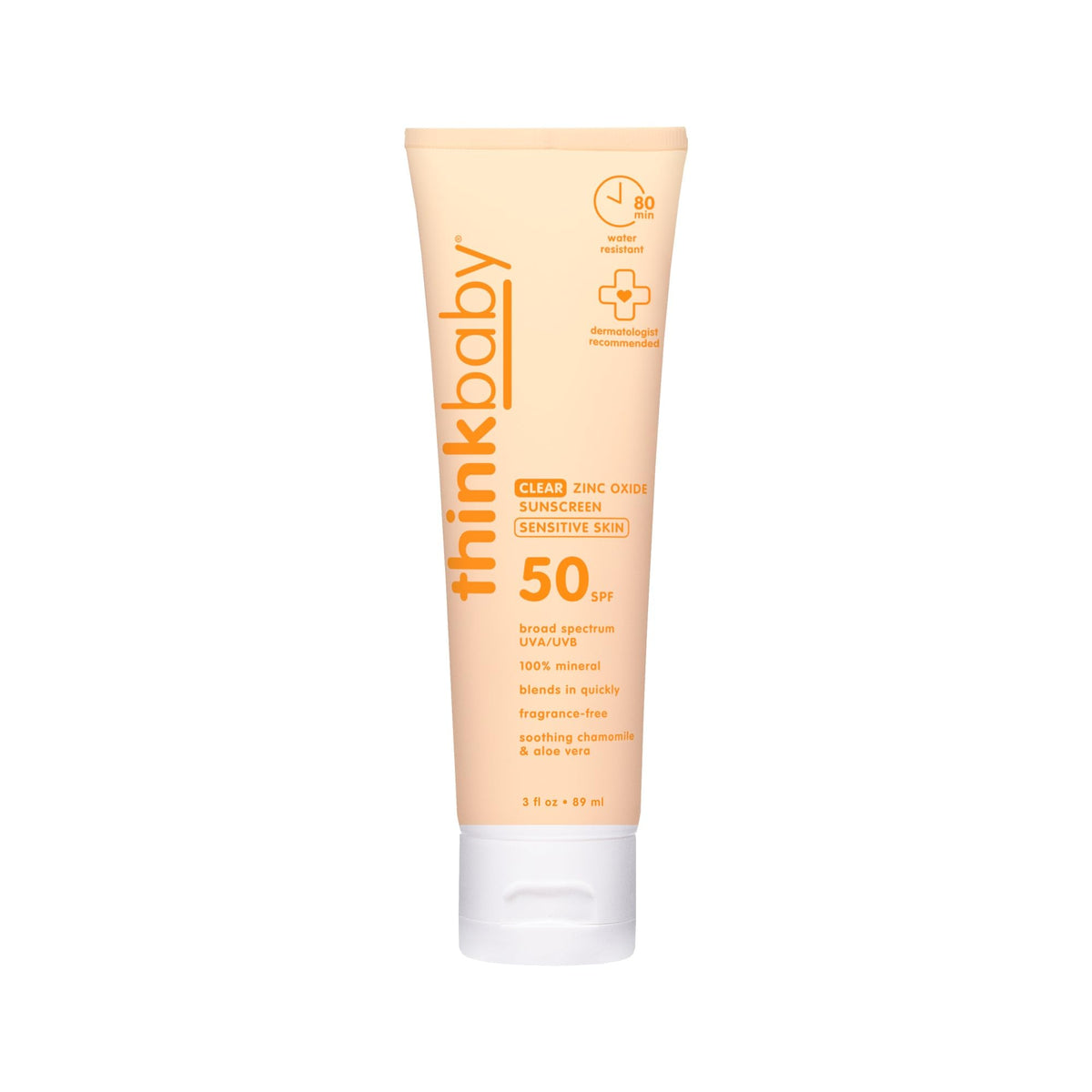 Thinkbaby sunscreen application close-up reveals fast-absorbing mineral protection for sensitive skin.