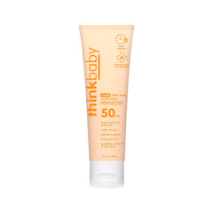 Thinkbaby sunscreen application close-up reveals fast-absorbing mineral protection for sensitive skin.