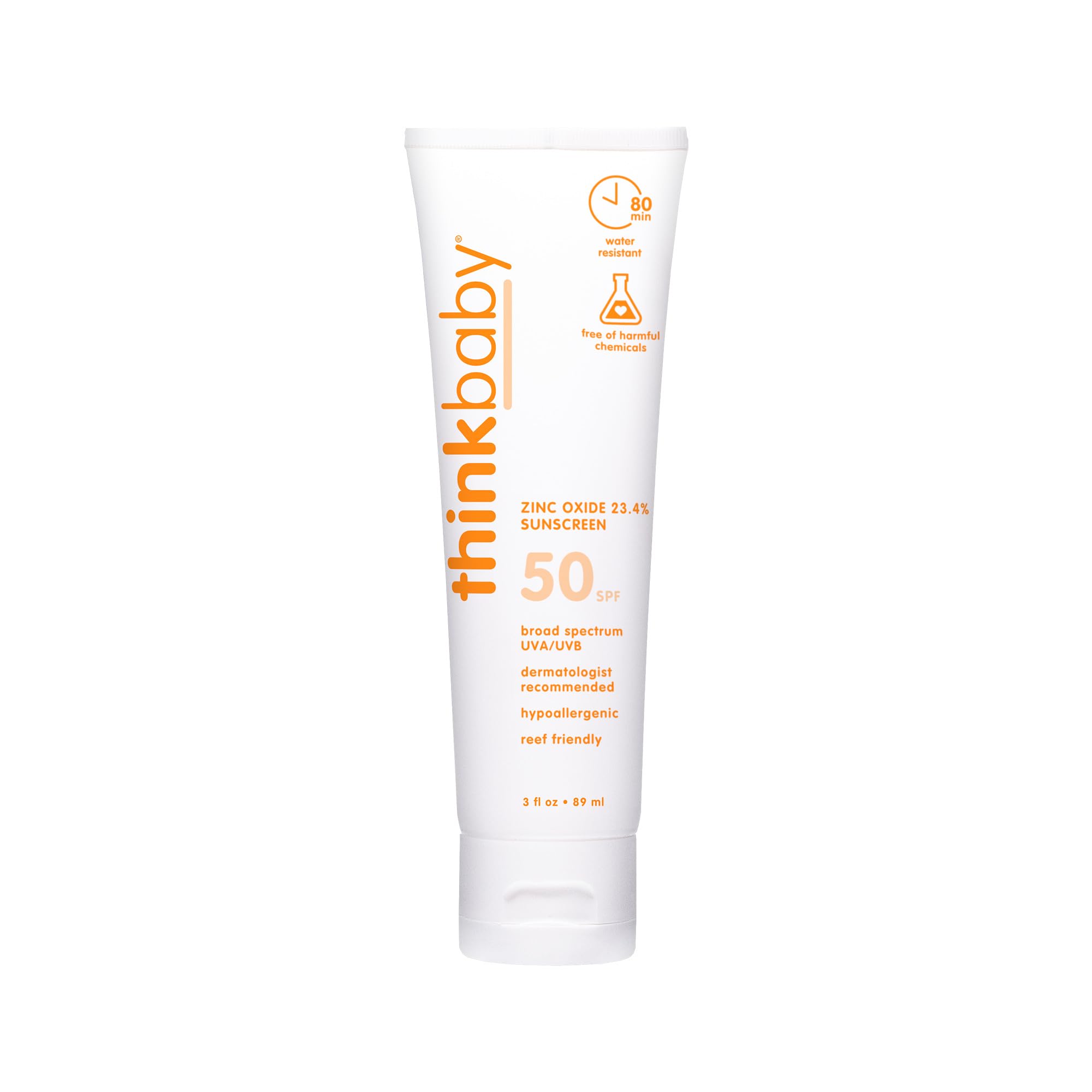 Thinkbaby sunscreen bottle front view for on-the-go mineral protection