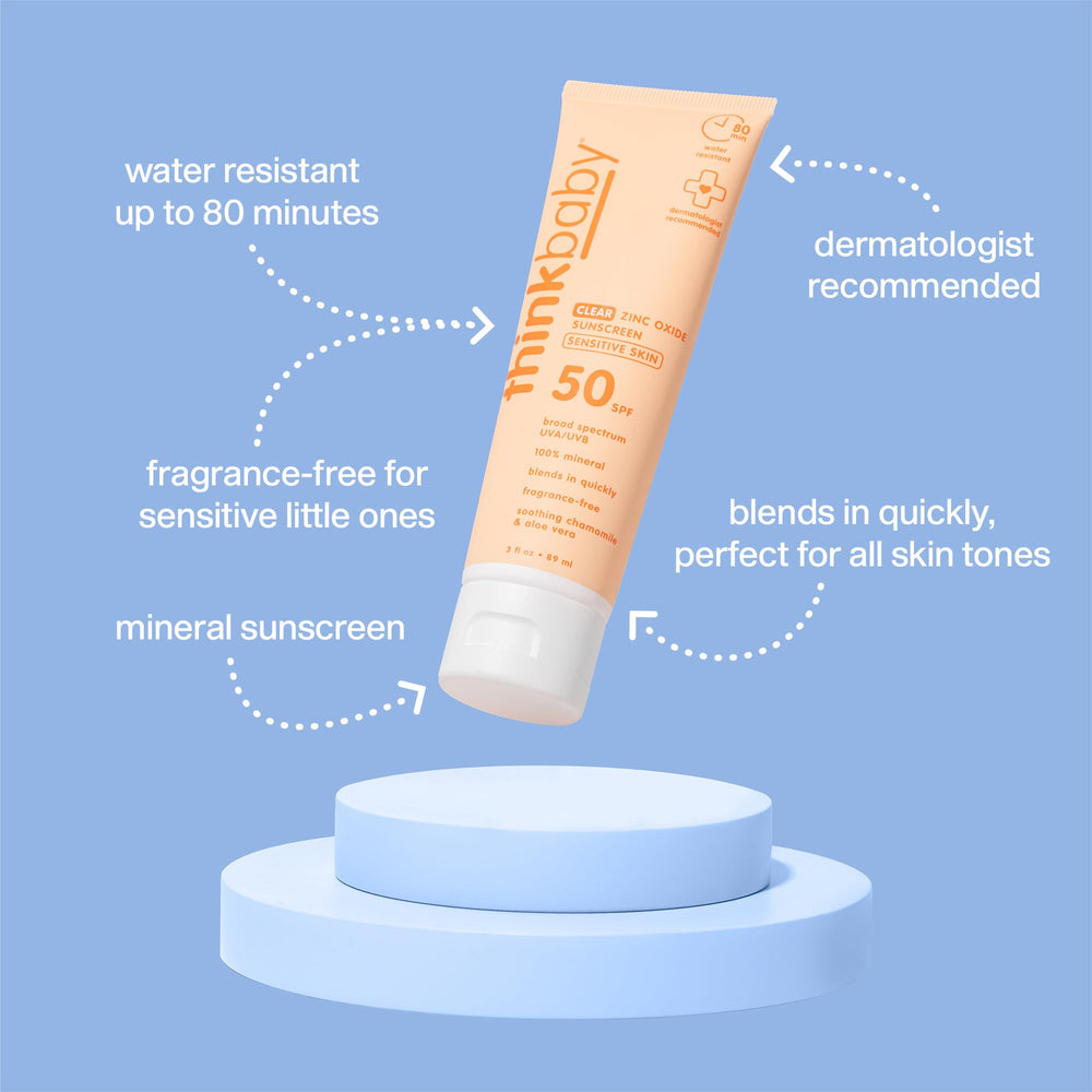 Thinkbaby sunscreen packaging label highlights SPF 50 and reef-safe, vegan mineral protection.