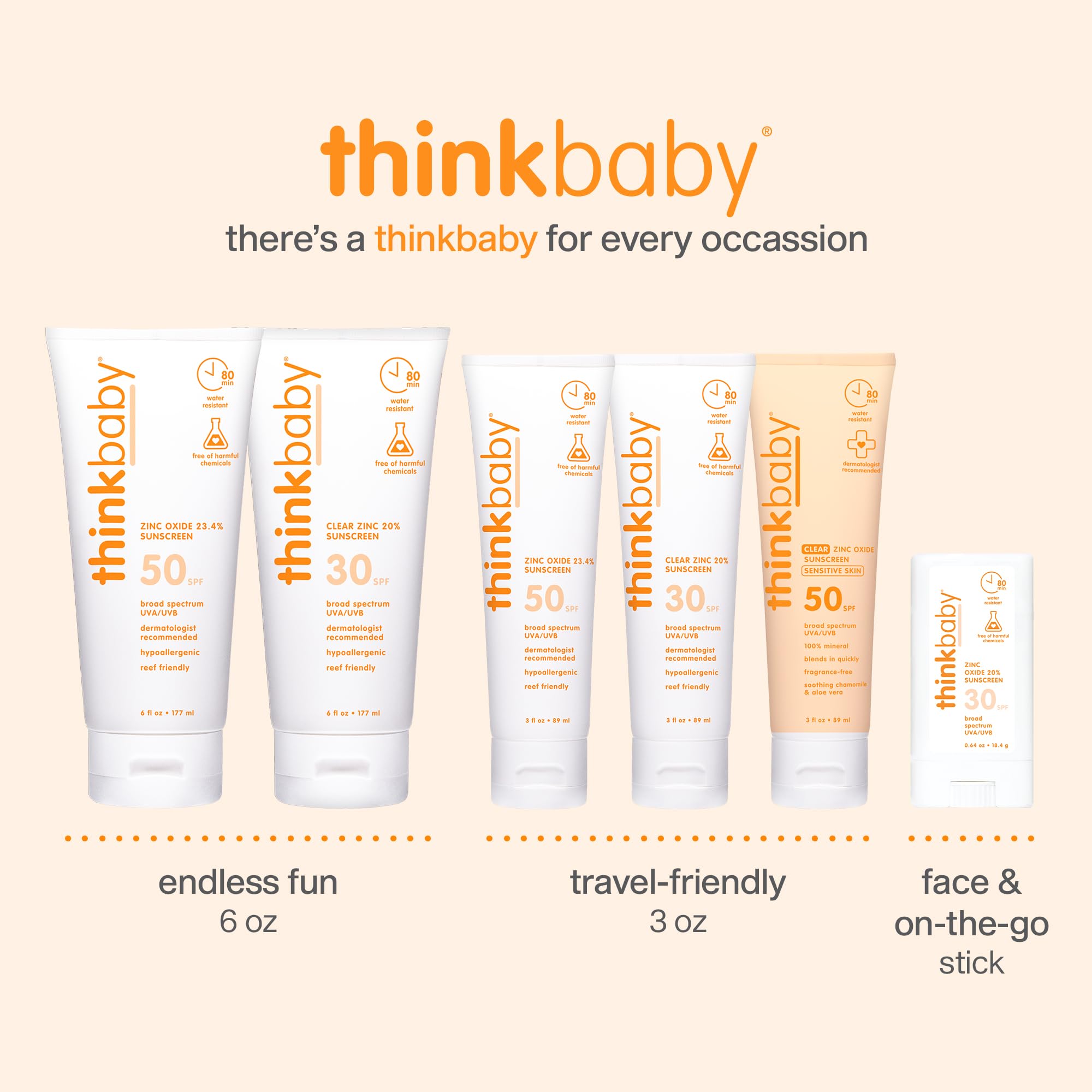 Thinkbaby reef-safe vegan logo on a sunny beach backdrop suggests eco-friendly use.