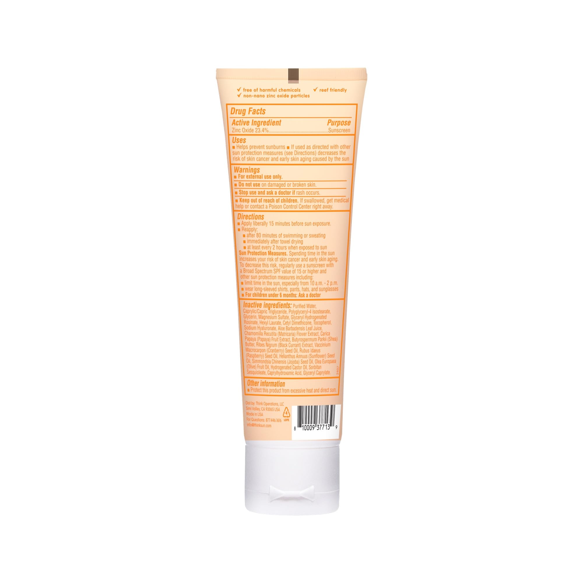 Thinkbaby travel-size sunscreen bottle ready for TSA-approved carry-on.