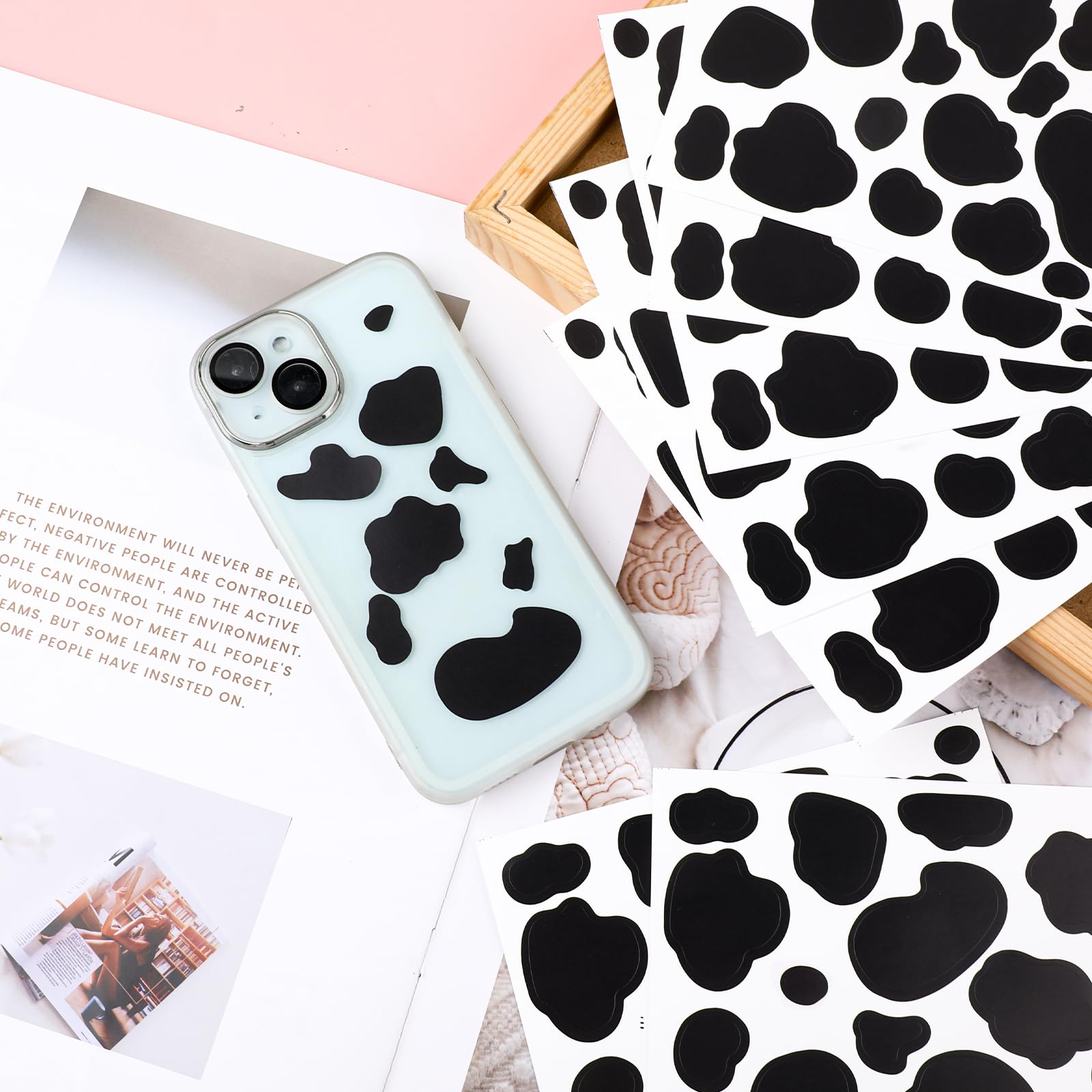 Thinp cow print stickers back adhesive enables easy removal with no residue.