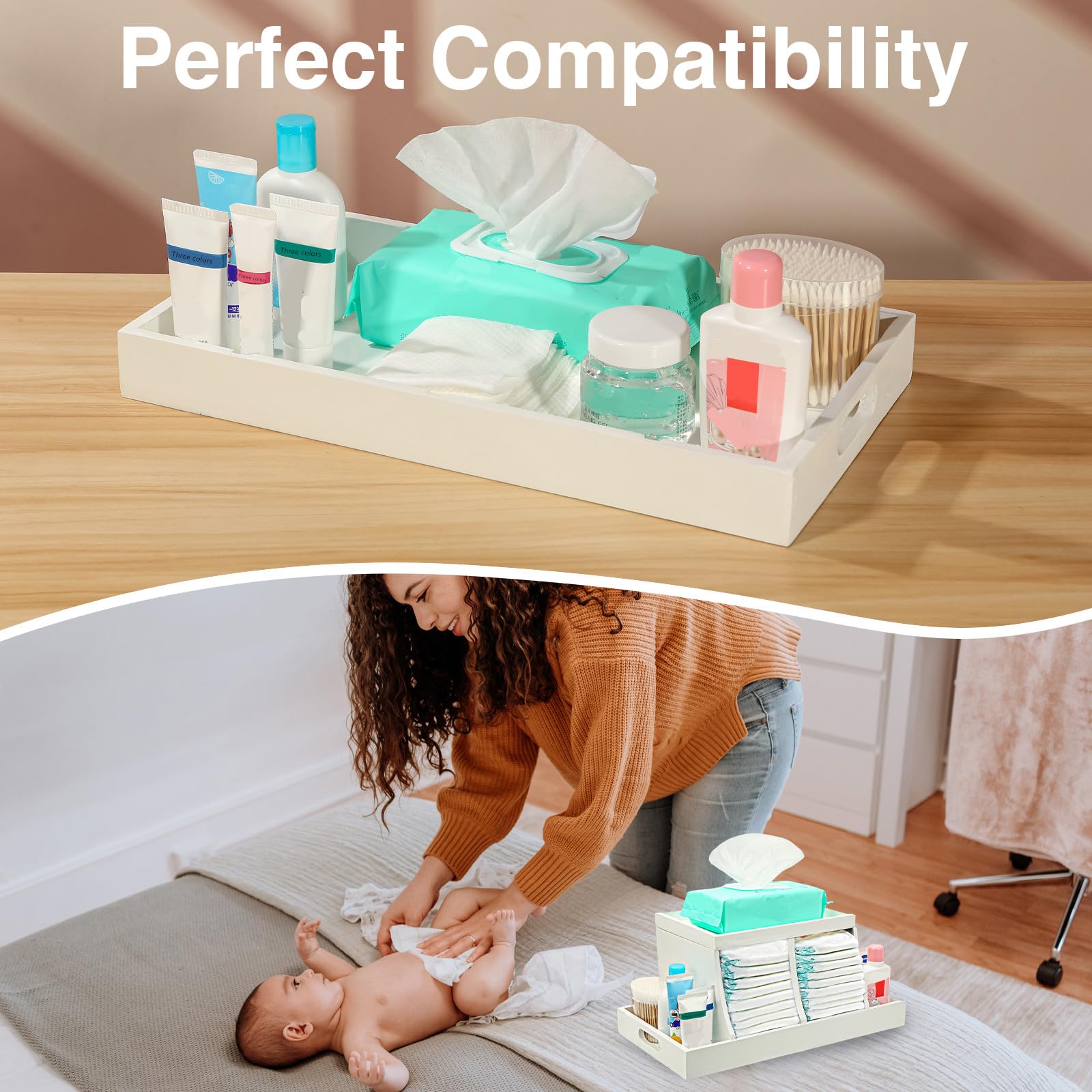 Three colors baby changing essentials at your fingertips—one-hand diaper changes.