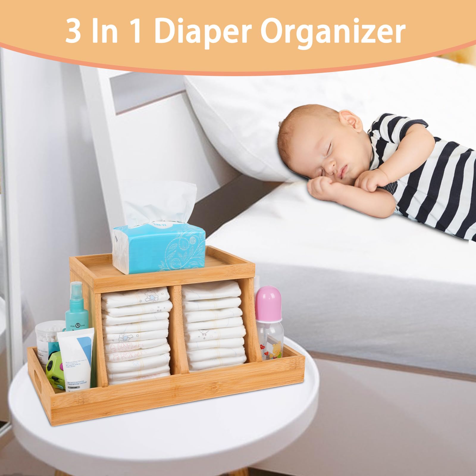 Three colors Bamboo Diaper Organizer five partitions show organized storage for diapers and creams.