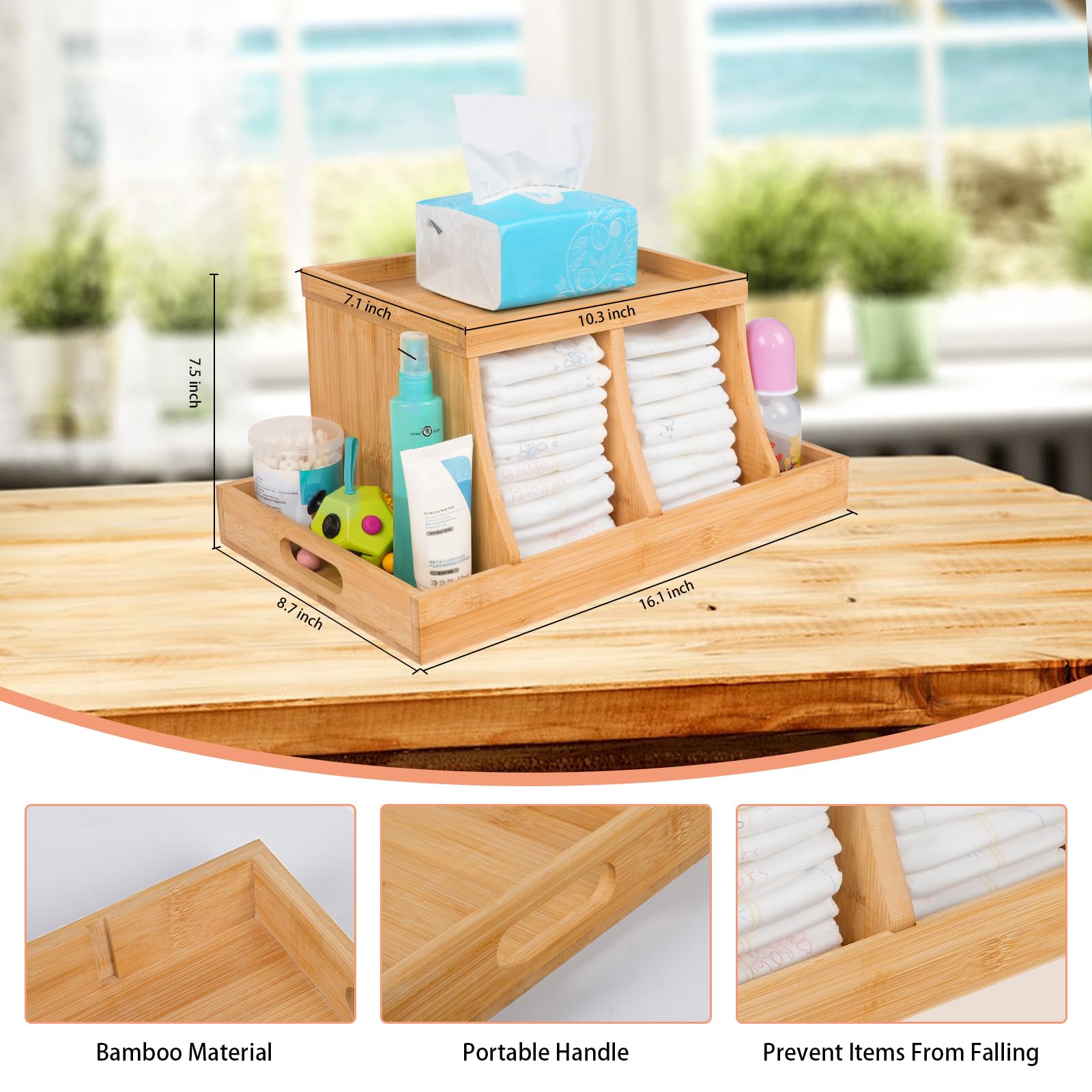 Three colors Bamboo Diaper Organizer nursery size fits small spaces with wood accents.