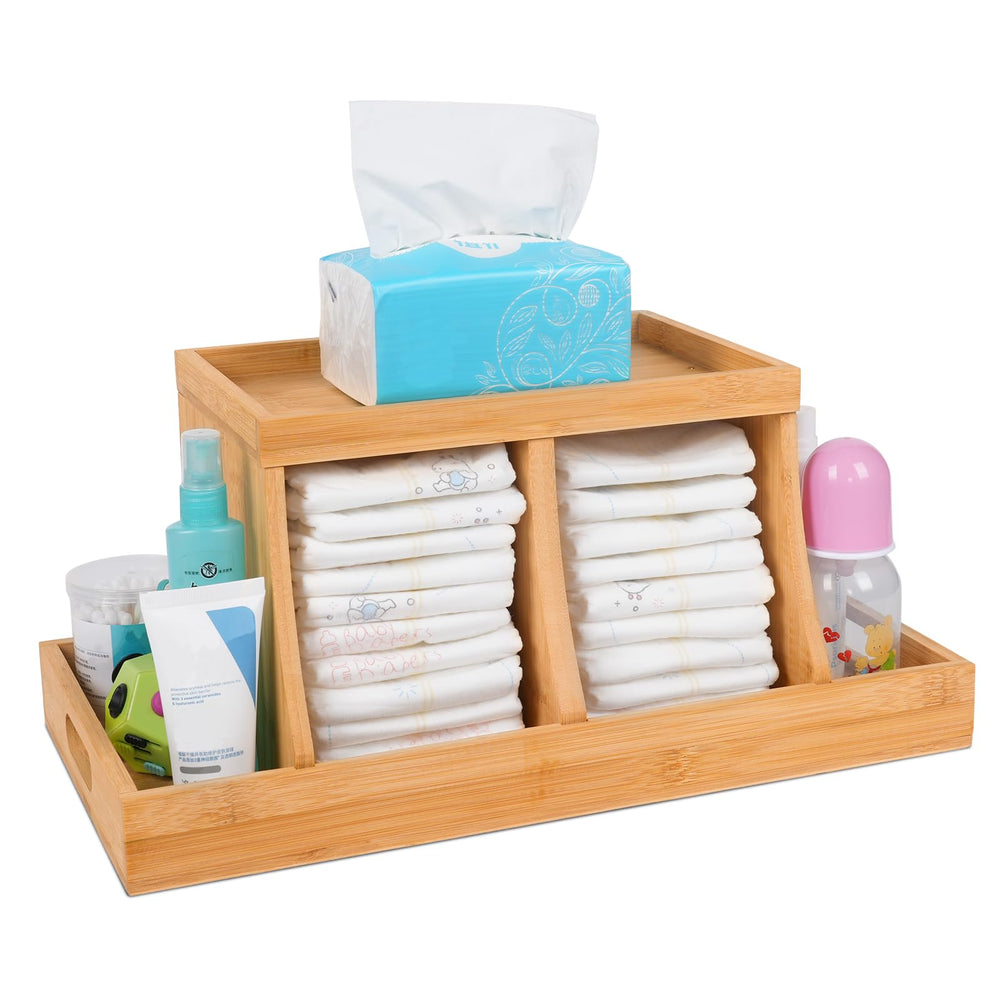 Three colors Bamboo Diaper Organizer top tray keeps wipes within quick reach during changes.