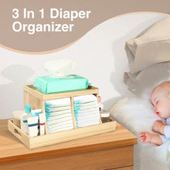 Three colors diaper organizer compartments keep diapers, wipes, and lotions organized for newborn care.