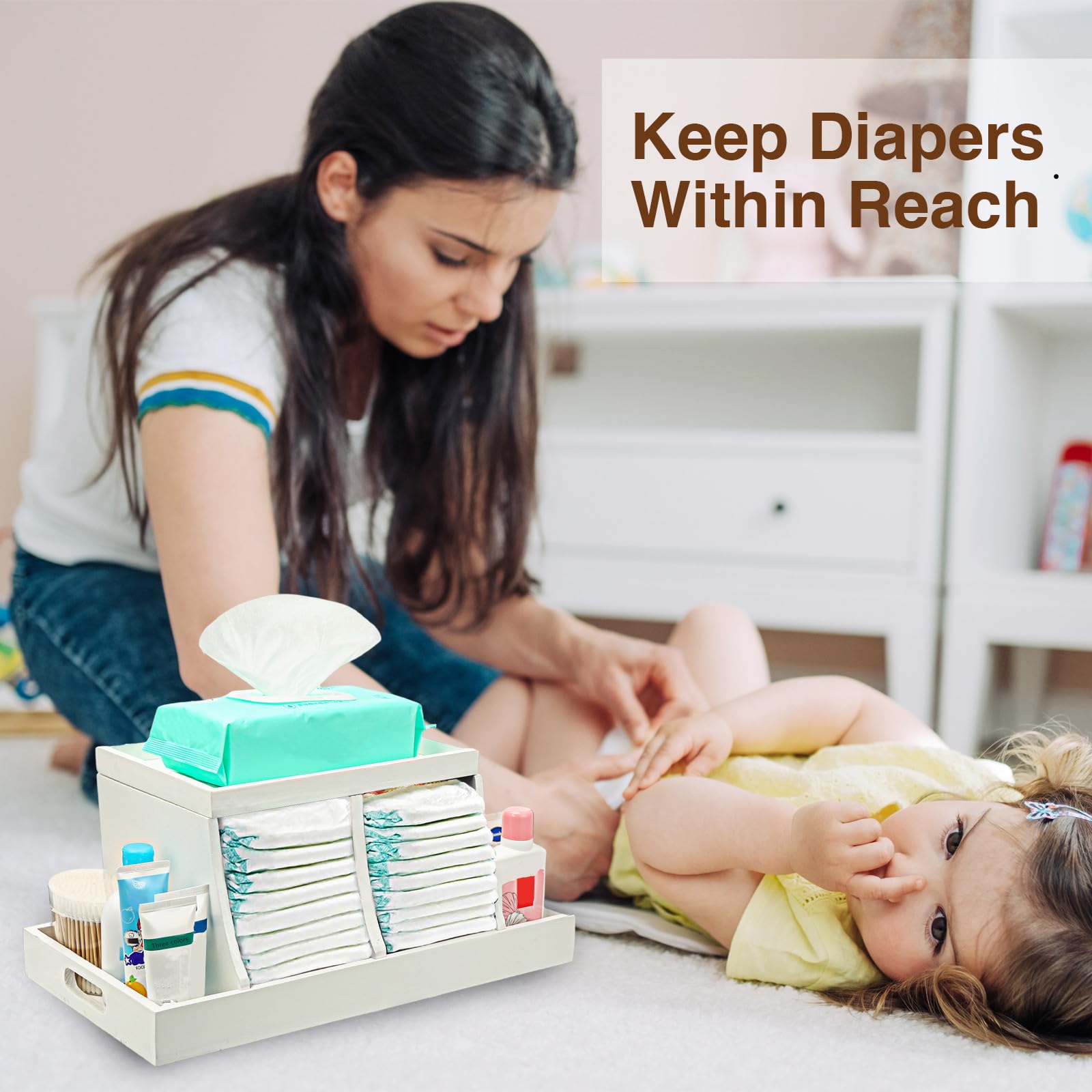 Three colors diaper organizer measures 16.5 by 8.8 by 7.5 inches—great capacity.