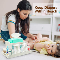 Three colors diaper organizer measures 16.5 by 8.8 by 7.5 inches—great capacity.