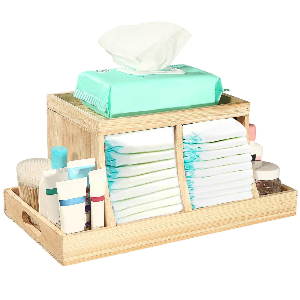 Three colors diaper organizer with top tray for wipes enables quick diaper changes.