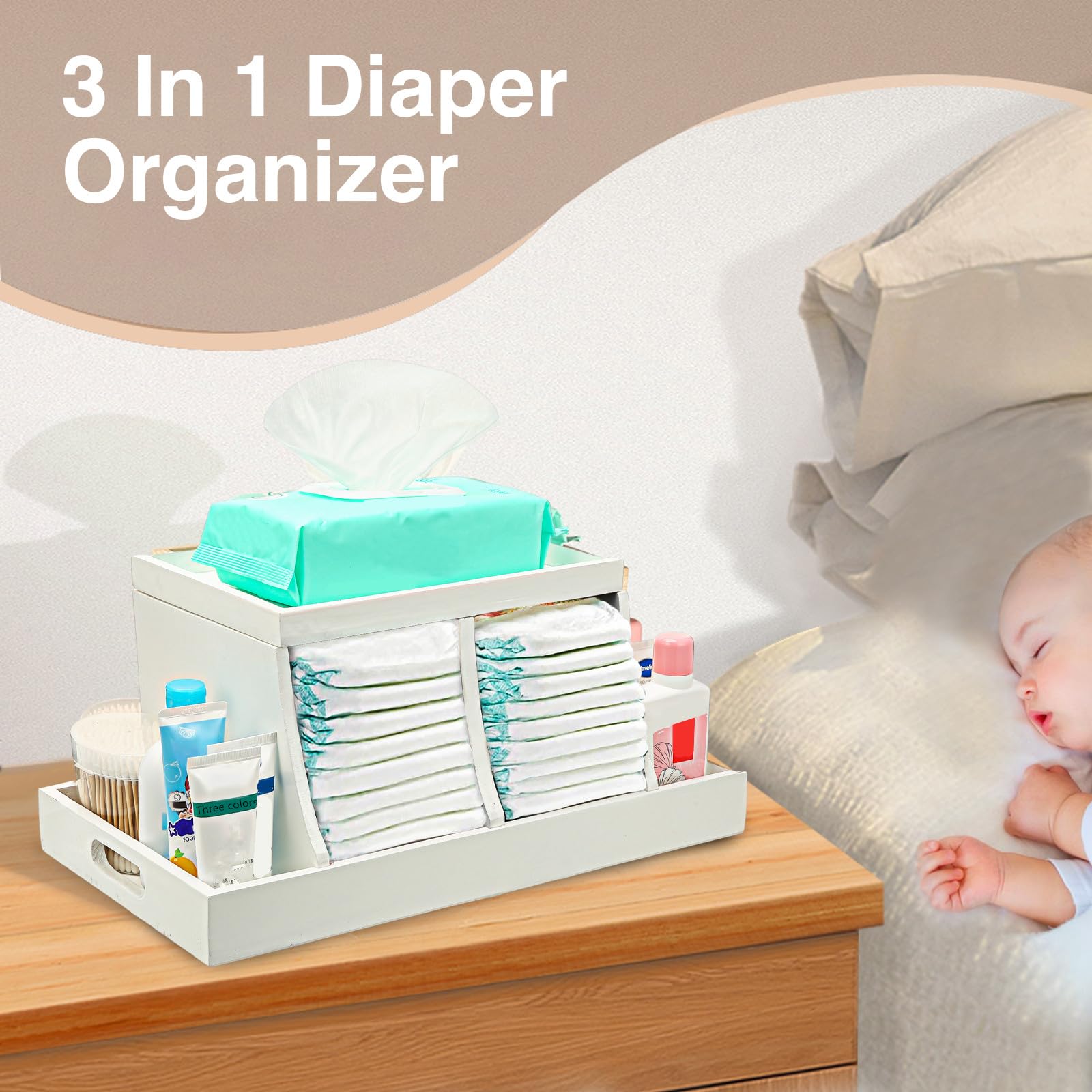 Three colors wooden diaper caddy compartments—neatly stores diapers, wipes, and toys.