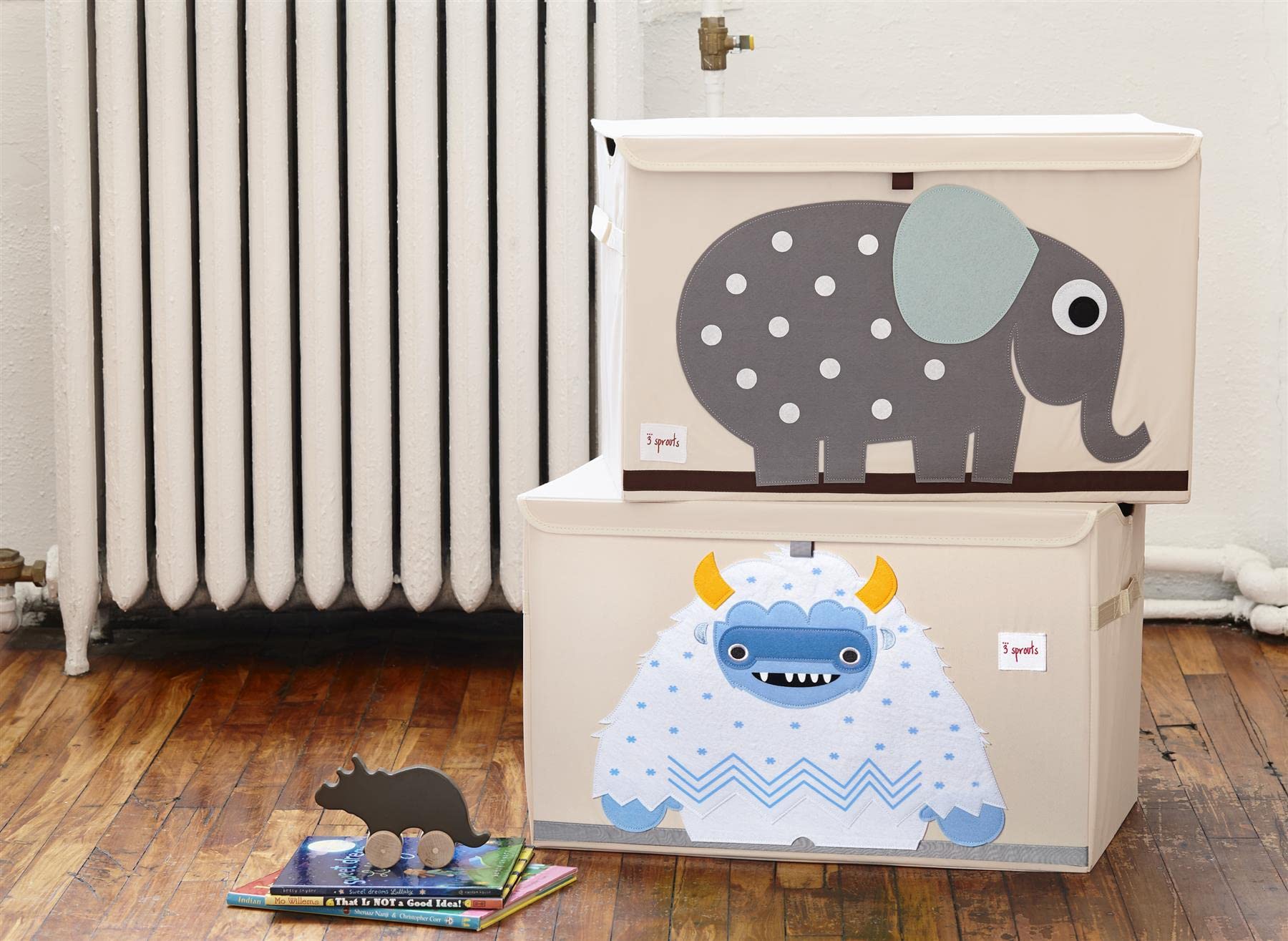 Three Sprouts collapsible toy chest folded flat for compact storage