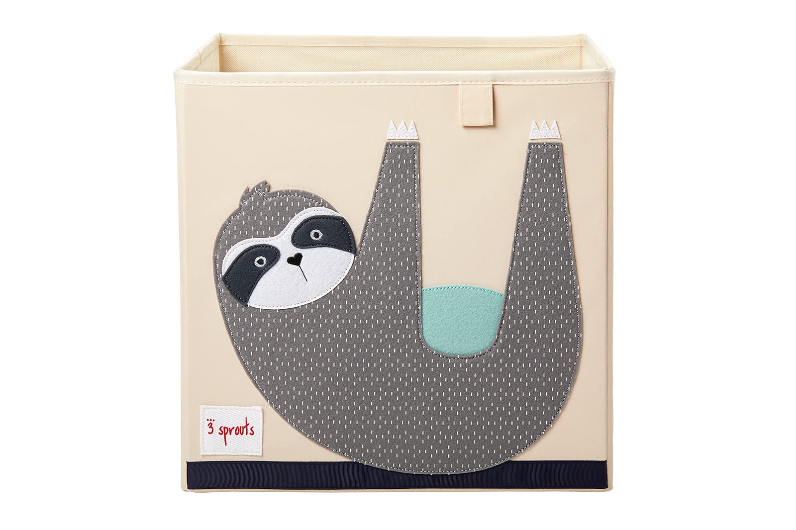 Three Sprouts toy storage cube with sloth design, foldable for easy use.