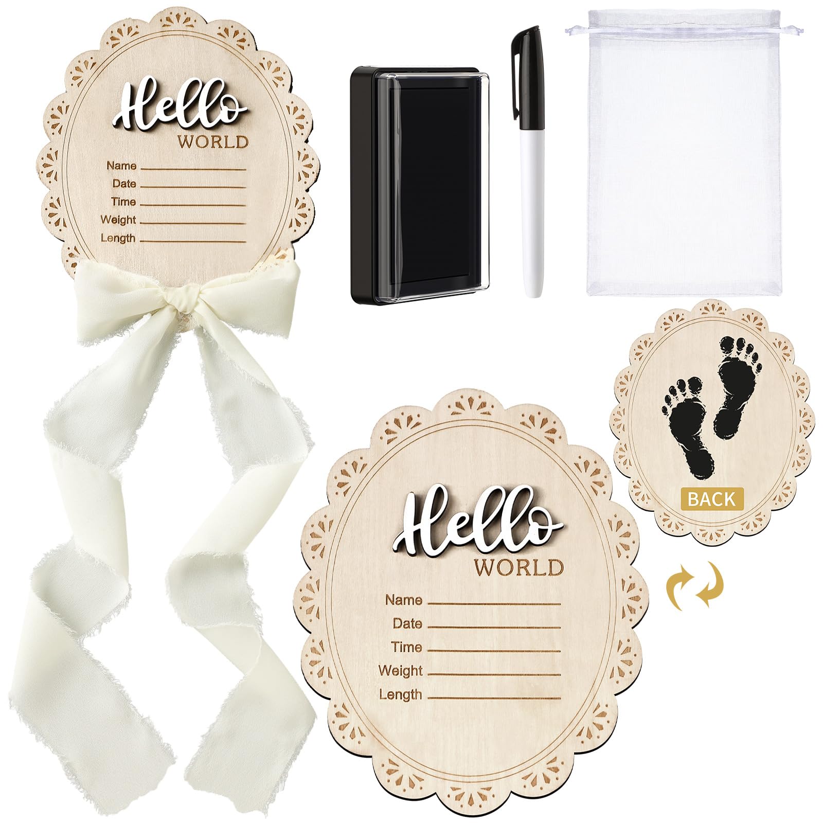 Threehoney baby announcement sign front view with dual sides for name details and handprints.