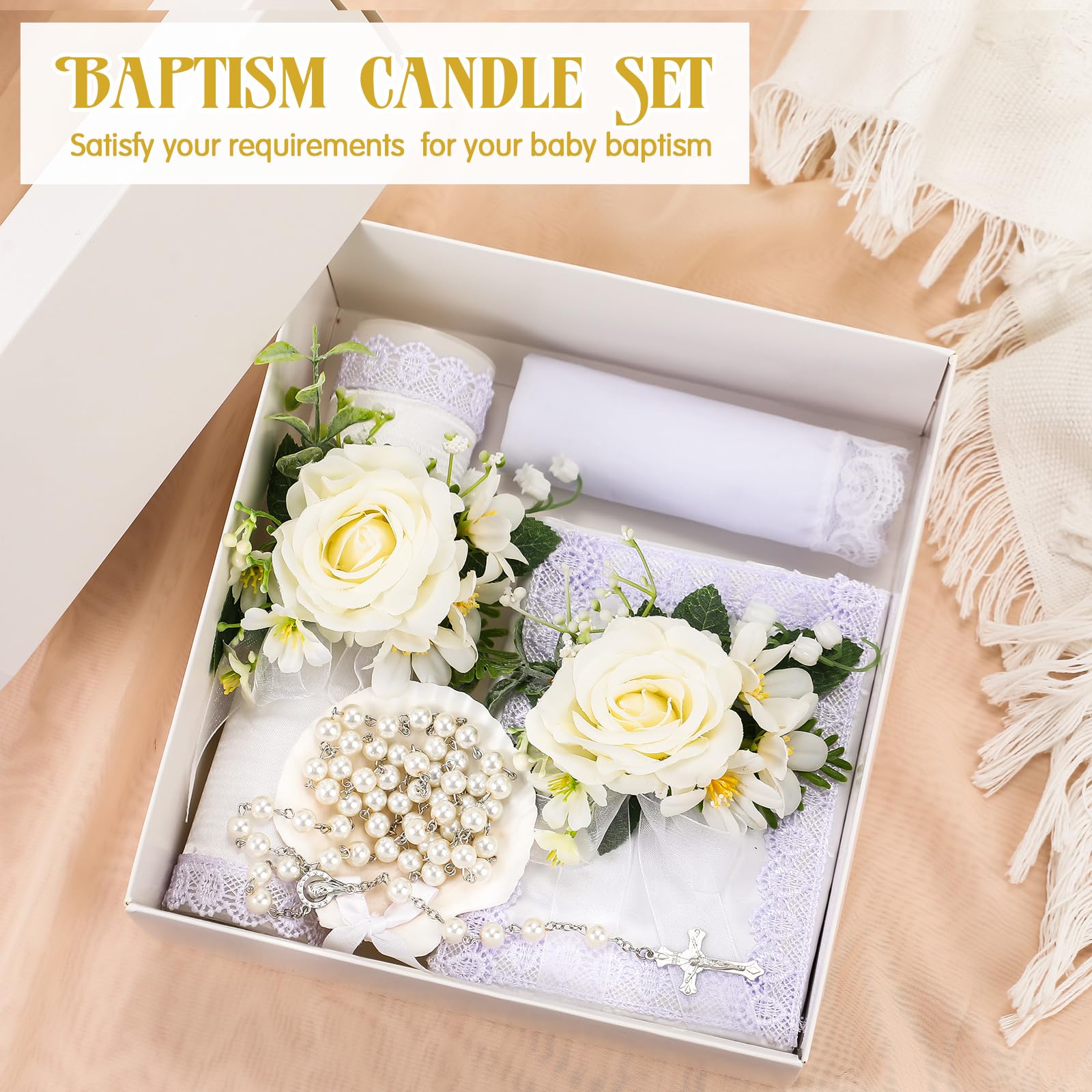 Threlaco white baptism candle with flower for sacred ceremony