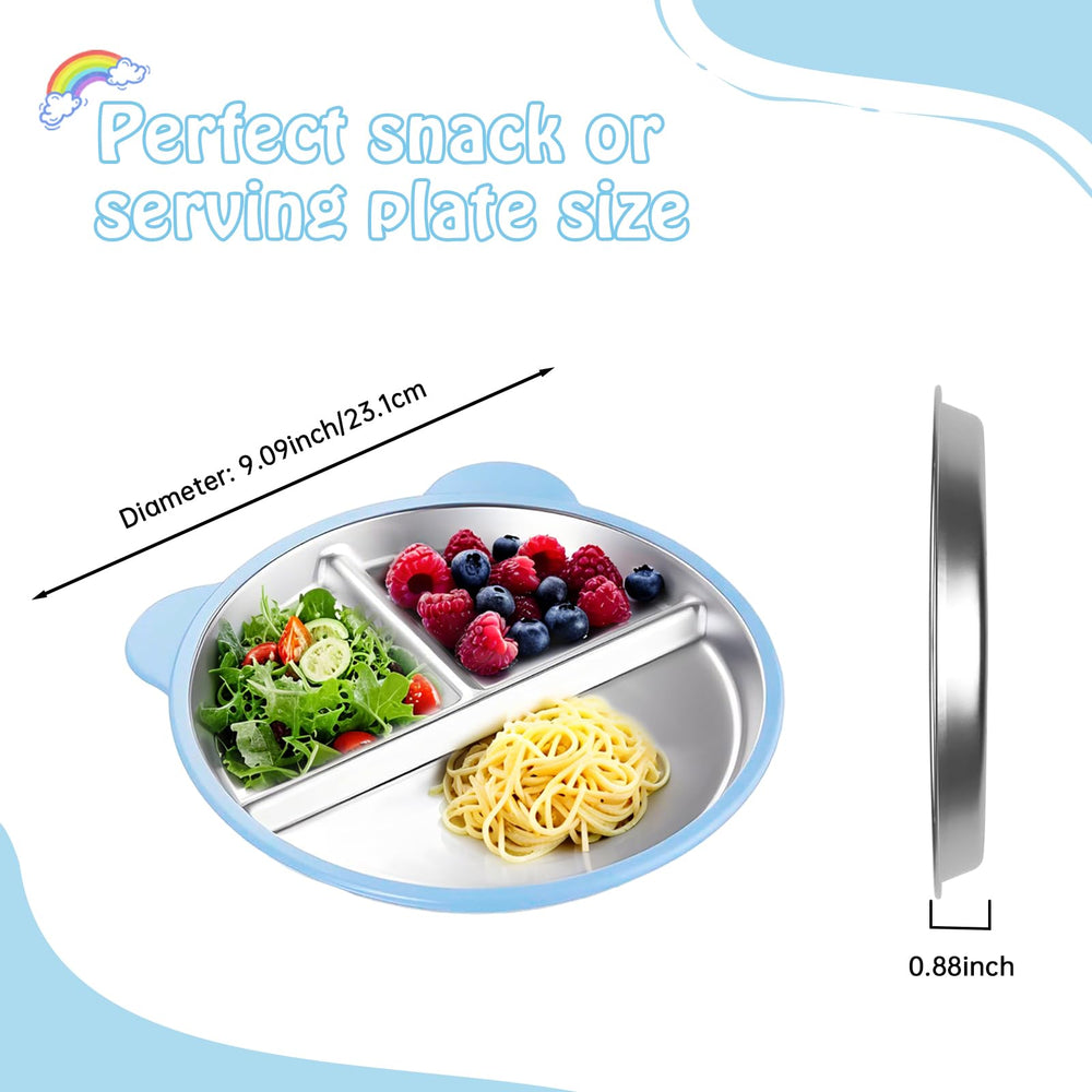 Thrseely suction base attached to a high chair tray keeps plates steady.