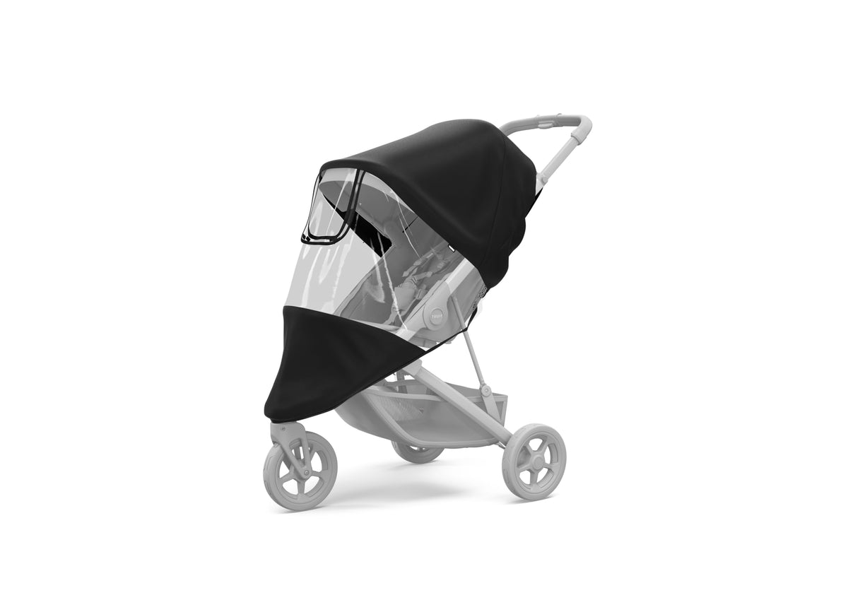 Thule Spring Rain Cover on stroller with front window provides weather protection and ventilation.
