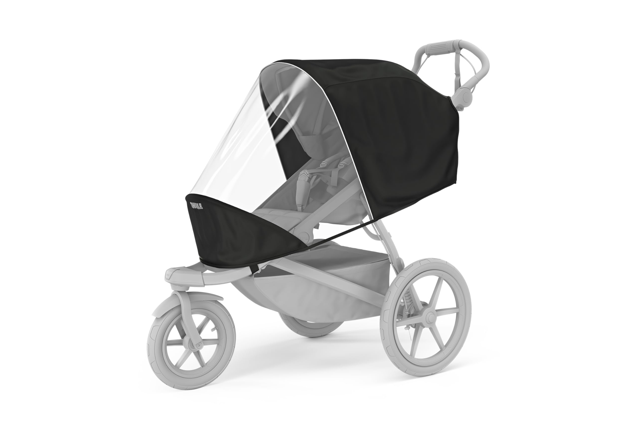 Thule Urban Glide 3 rain cover on stroller demonstrates clear visibility and wind protection.