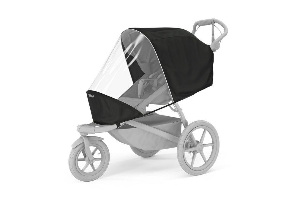 Thule Urban Glide 3 rain cover on stroller demonstrates clear visibility and wind protection.