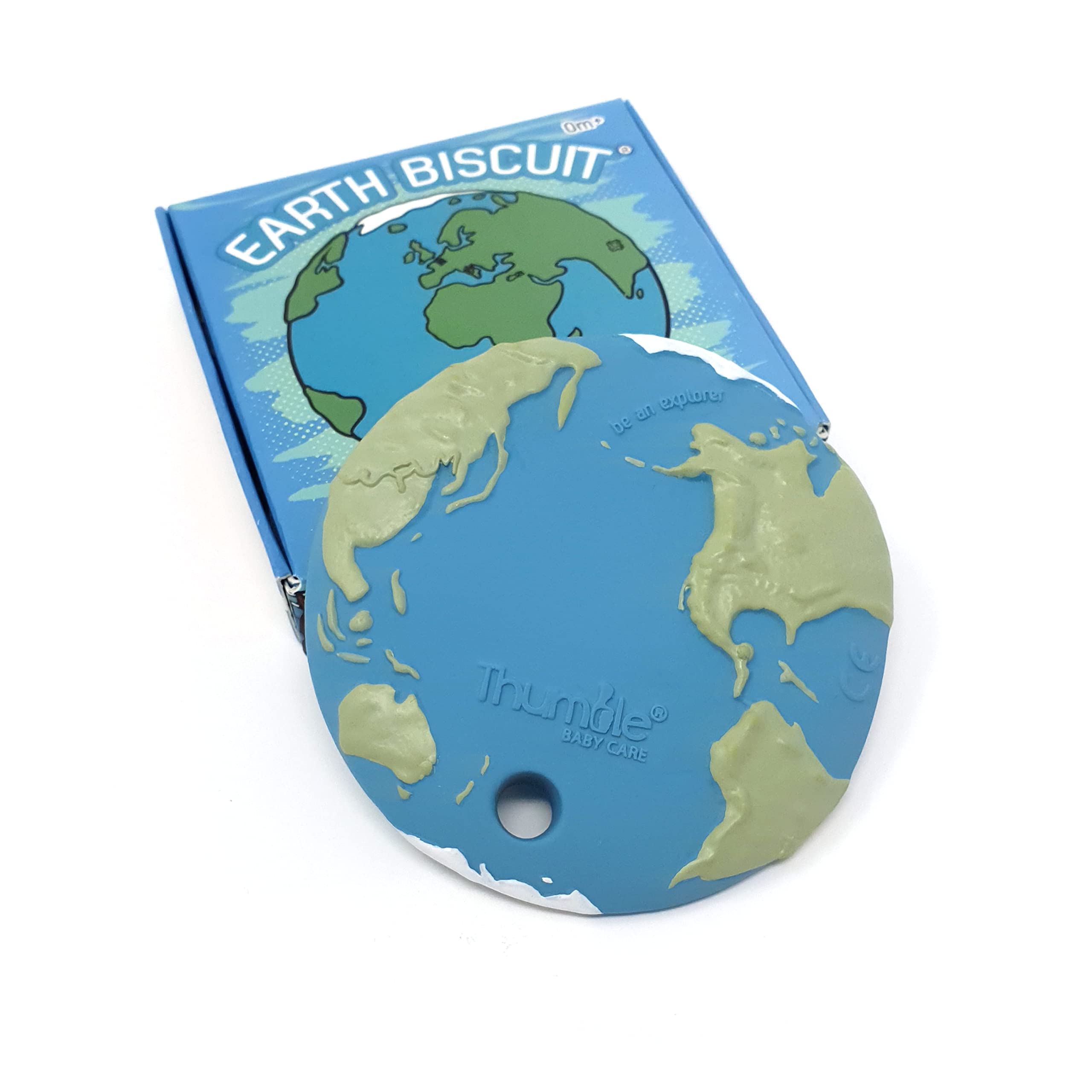 Thumble Earth Biscuit teether closeup highlights safe natural rubber texture for soothing gums.